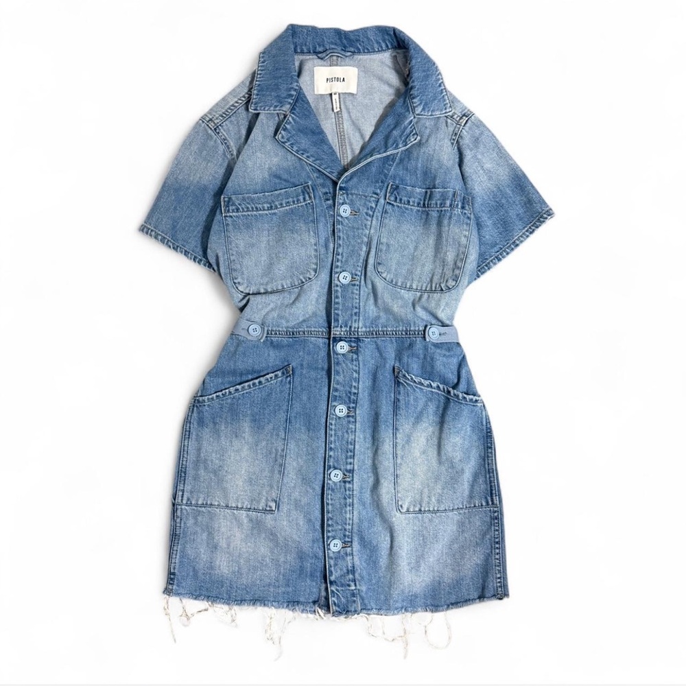 Pistola Blue Denim Distressed Short Sleeve Clara Field Jumpsuit Dress Women Sz M